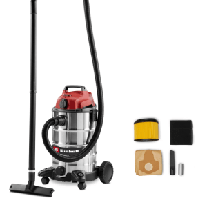 Einhell Nass-Trockensauger TC-VC 3055 SA, 30l Edelstahlbehälter, rot/silber, mit Schlauch, Düse und Filtern.