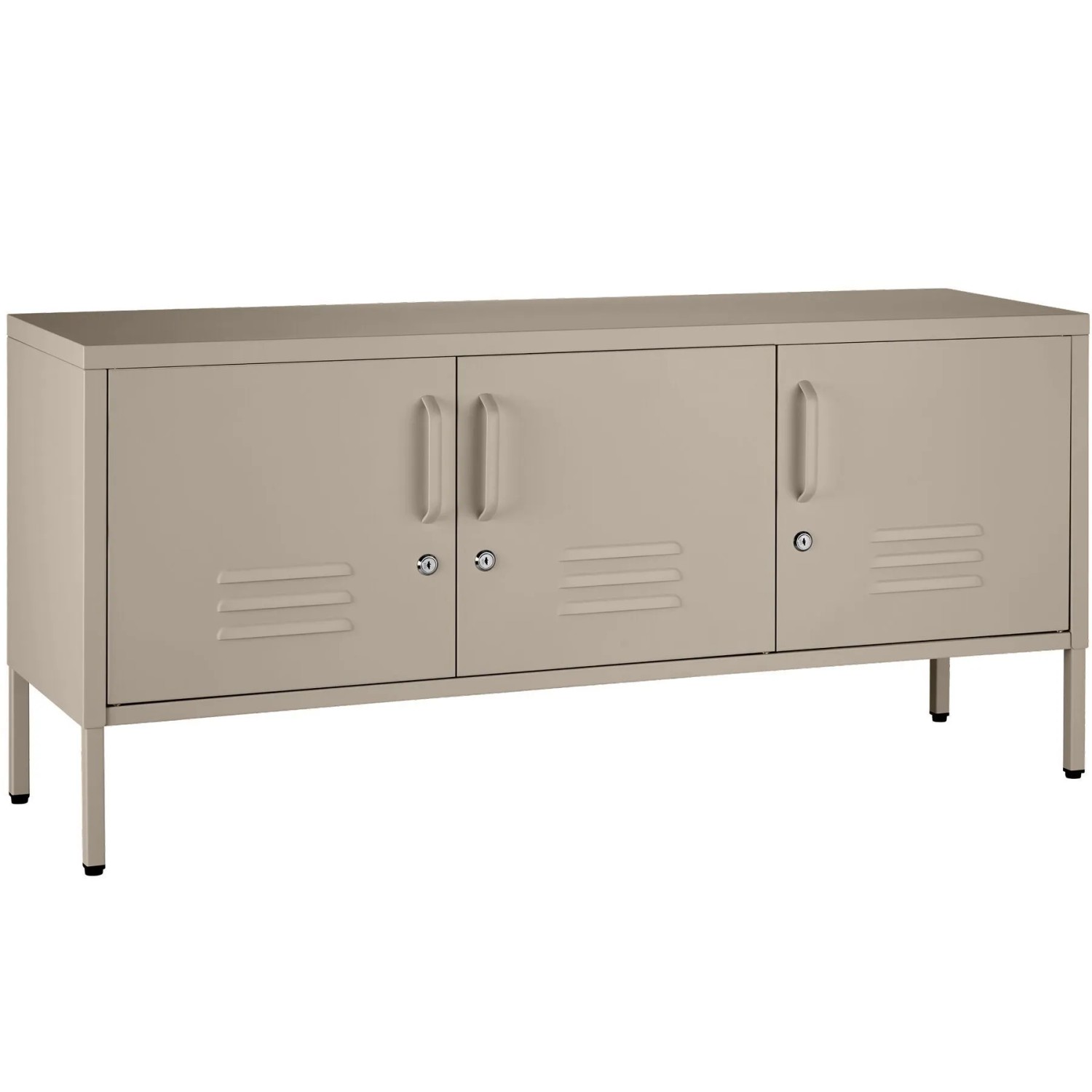Tectake Sideboard Baker 3 Türen Mit Magnetverschluss  Einzeln Abschließbar Verstellbarer Zwischenboden  37 5 x 120 x 55 5 cm Taupe