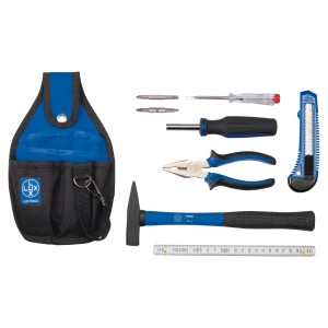 LUX Werkzeugset Classic, 7-teilig mit Tasche, Hammer, Zange, Schraubendreher, Messer, Gliedermaßstab und Spannungsprüfer.