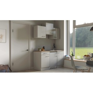 Flex-Well Singleküche Lund, 150 cm, Lichtgrau/Rauchgrau, mit Eichen-Arbeitsplatte und Elektrogeräten.