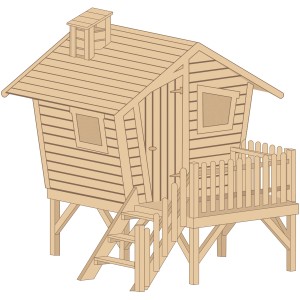 Tabaluga Abenteuerhaus Lotti: Holz-Spielhaus mit Treppe, Terrasse und kleinem Schornstein.