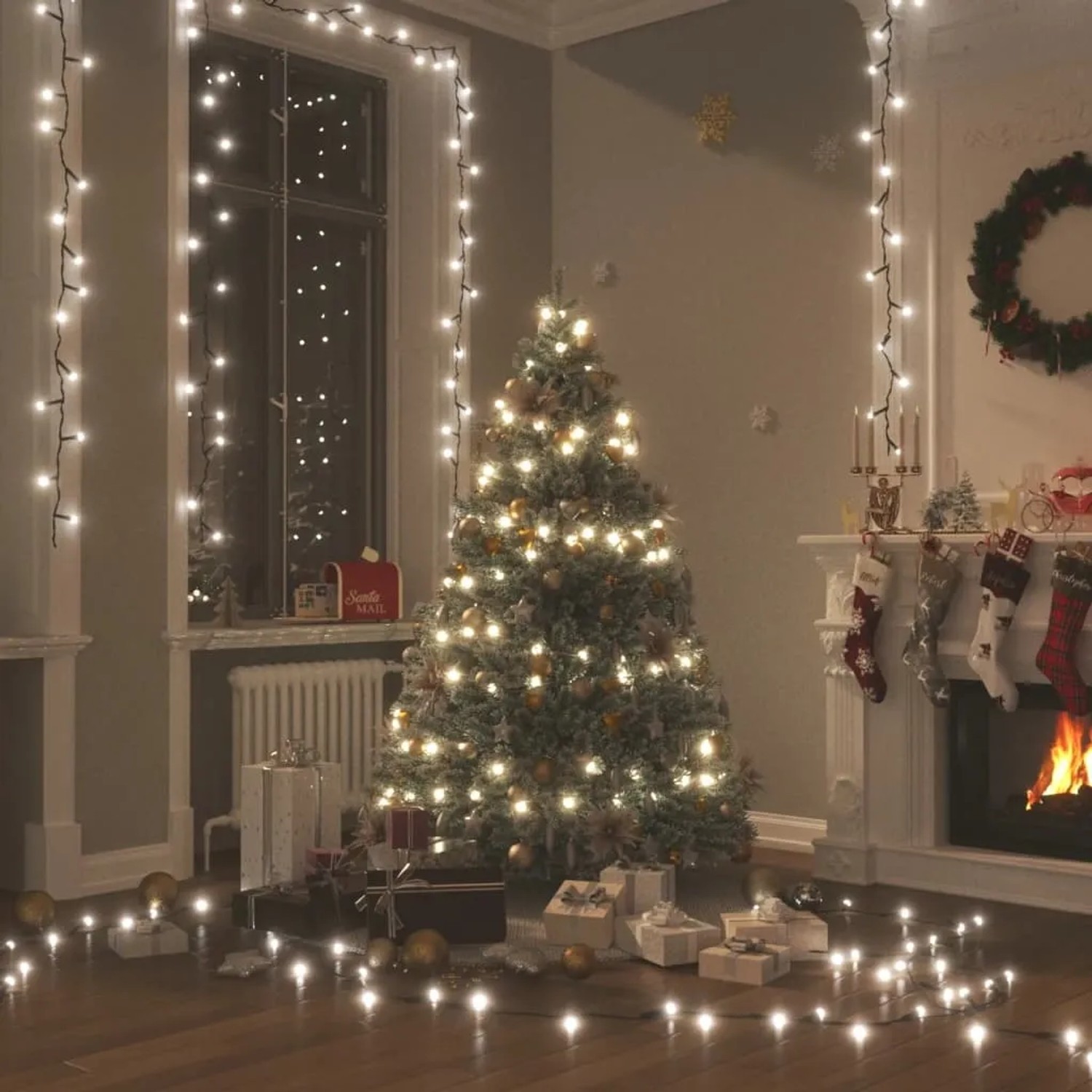 vidaXL Lichterkette 600 kaltweiße LEDs, 60 m, für Innen & Außen, dekoriert in festlichem Wohnzimmer.