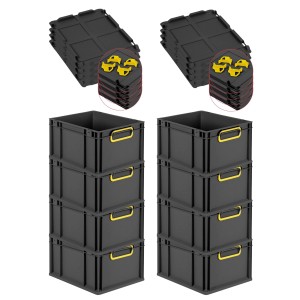 PROREGAL SuperSparSet: 8 Euroboxen Nextgen Color mit Deckel, 20L, schwarz mit gelben Griffen. Stapelbare Aufbewahrungsboxen.