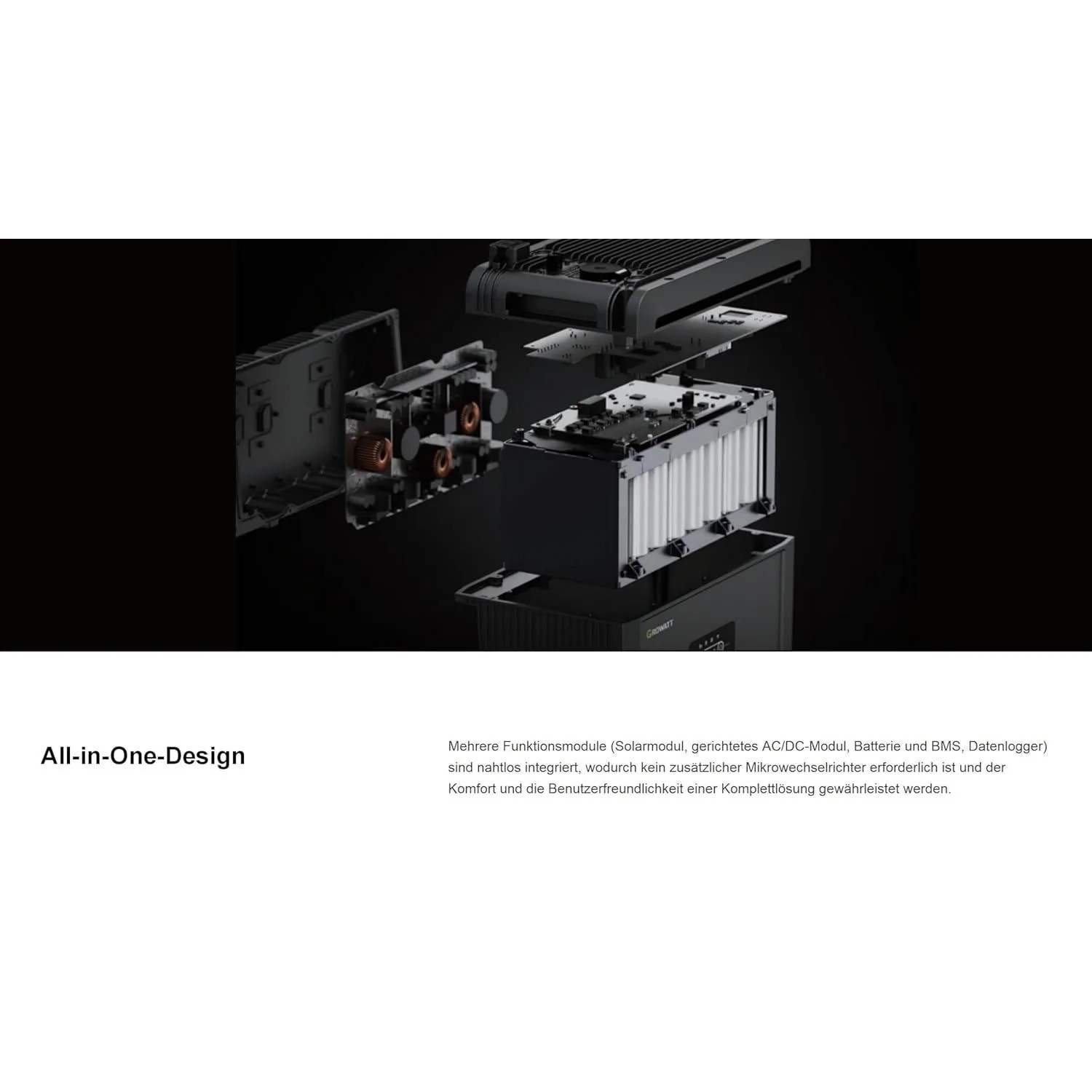 Growatt NEXA 2000 Balkonkraftwerk-Speicher, zerlegt. Zeigt interne LiFePO4-Module und Elektronik des All-in-One-Systems.