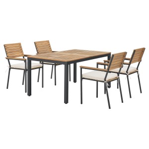 5-teilige Akazienholz Gartengarnitur Rhodos mit Tisch und 4 Stühlen mit Auflagen.