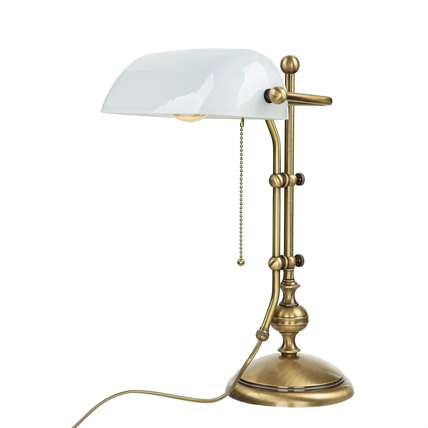 Licht-Erlebnisse Bankerlampe Weiß Bronze 46 cm E27 Premium Zugschalter Messing Glas
