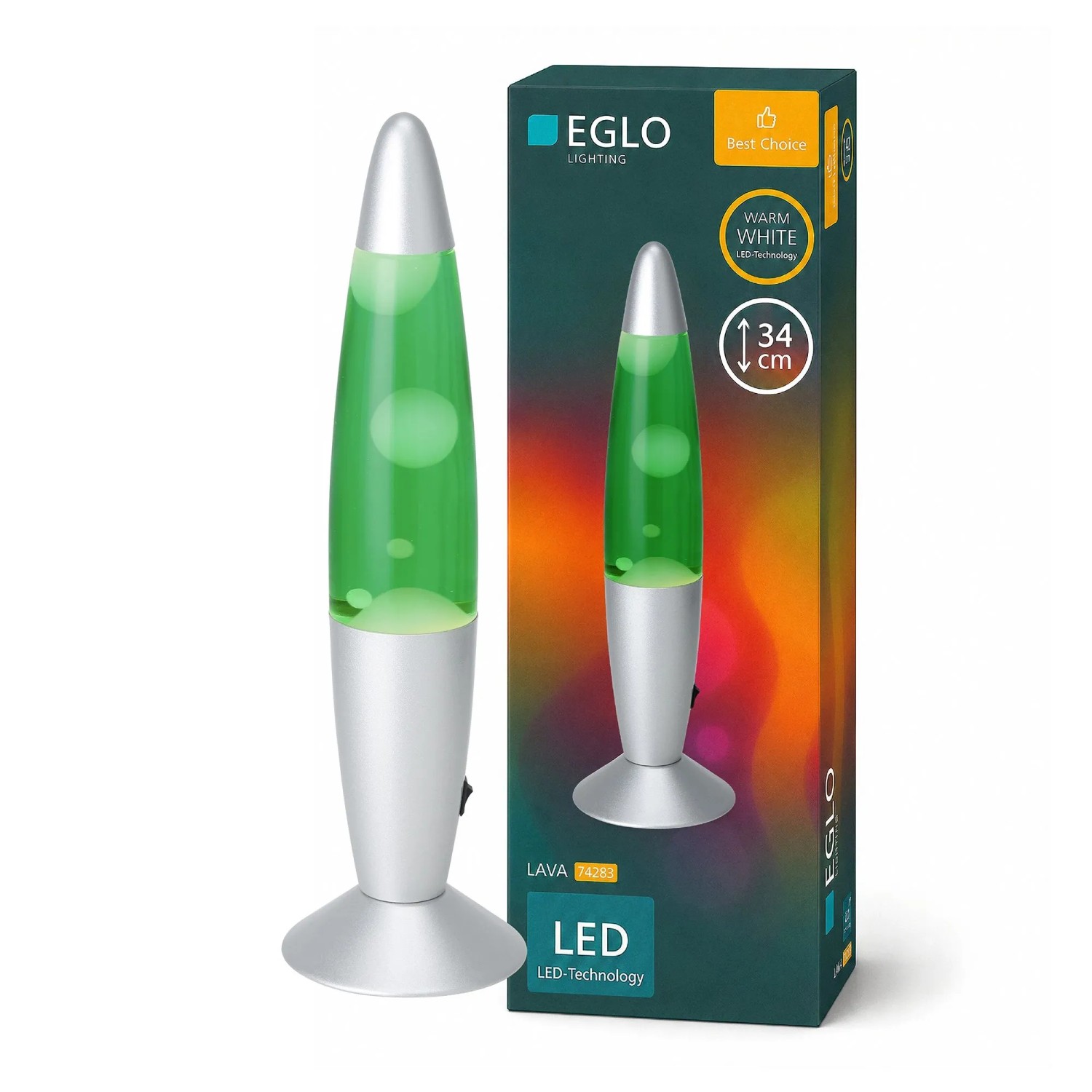 Eglo LED-Lavatischleuchte, silber, mit grüner Flüssigkeit und weißem Wachs. Dekorative Tischlampe, 34 cm.