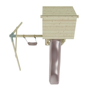 PolarPlay Kinderschaukel Göteborg altrosa mit Rutsche und Spielturm aus Holz.