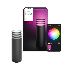 Philips Hue Lucca Sockelleuchte, smarte Außenleuchte mit Farbwechsel und App-Steuerung.