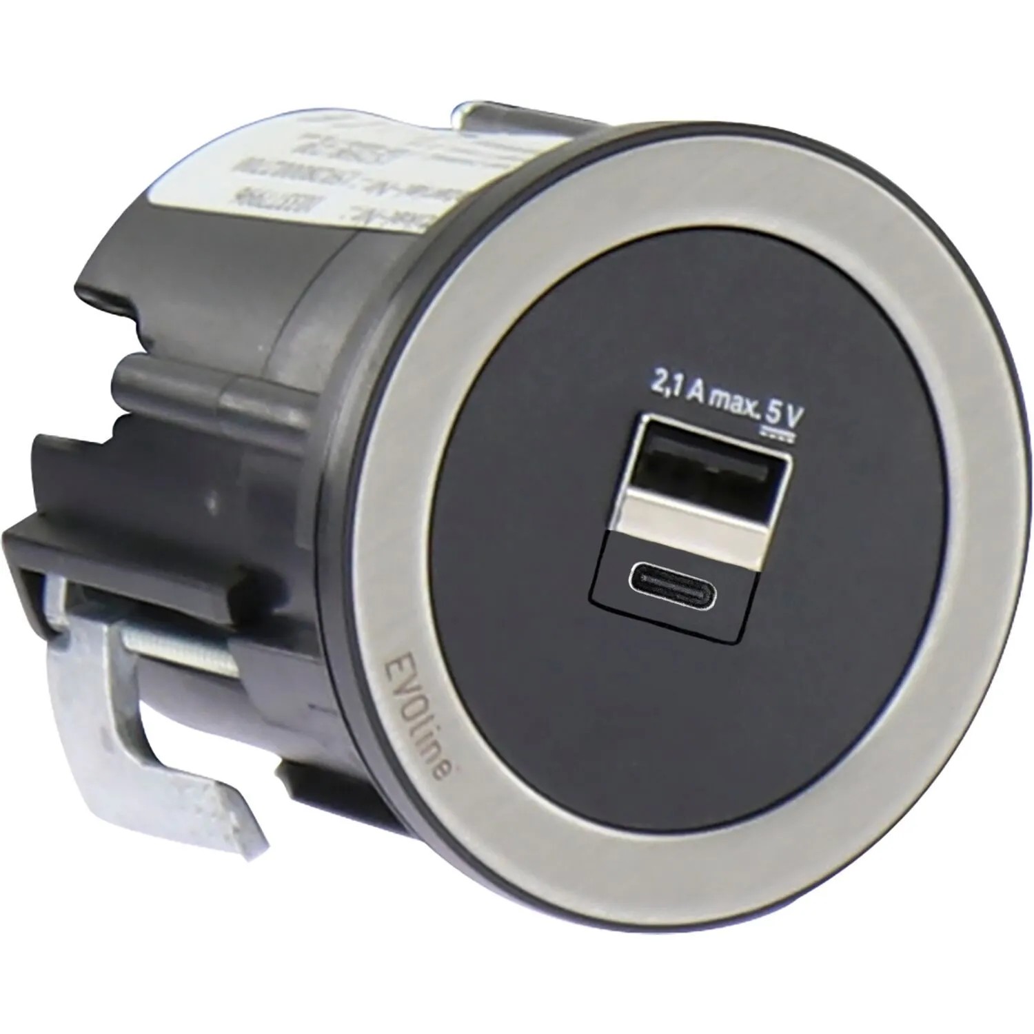 Evoline One Usb-Charger 2-Fach Typ A+C mit Abdeckring Schwarz Edelstahl