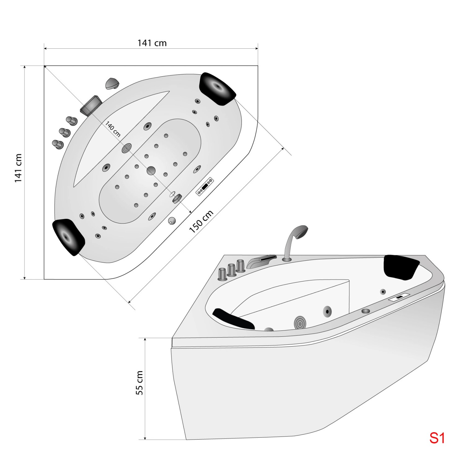 Skizze einer AcquaVapore Eck-Badewanne W20-TH-SC 140x140 mit Farblicht, Armaturen und Handbrause.