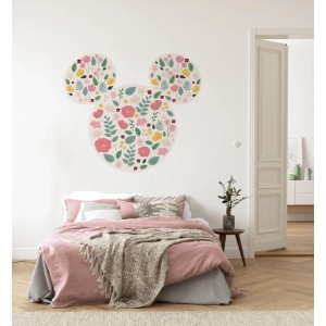 Disney Wandtattoo Mickey Mouse mit Blumenmuster in Rosa, Grün und Gelb im Kinderzimmer.