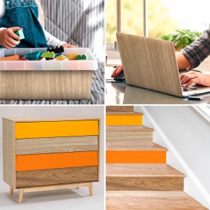 Anwendungsbeispiele der Venilia Klebefolie Perfect Fix Eiche Hell auf Möbeln, Laptop, Treppe und Spielzeugkiste.