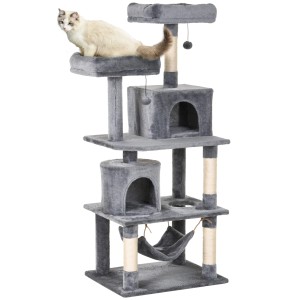 Grauer PawHut Kratzbaum (145 cm) mit Hängematte, Höhlen und Katze auf oberer Plattform.