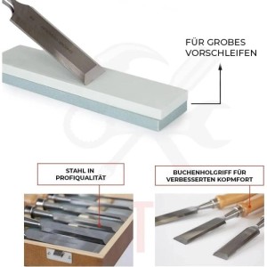 bestTools Stechbeitel Set, 6-teilig, mit Schleifstein und Buchenholzgriff für präzises Arbeiten.