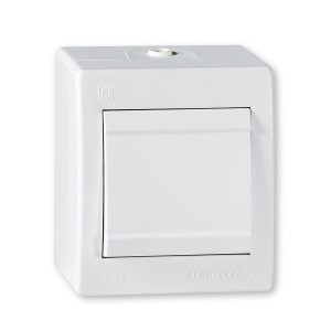 Weißer Aling-Conel Aufputz-Wechselschalter IP44 für Feuchträume.