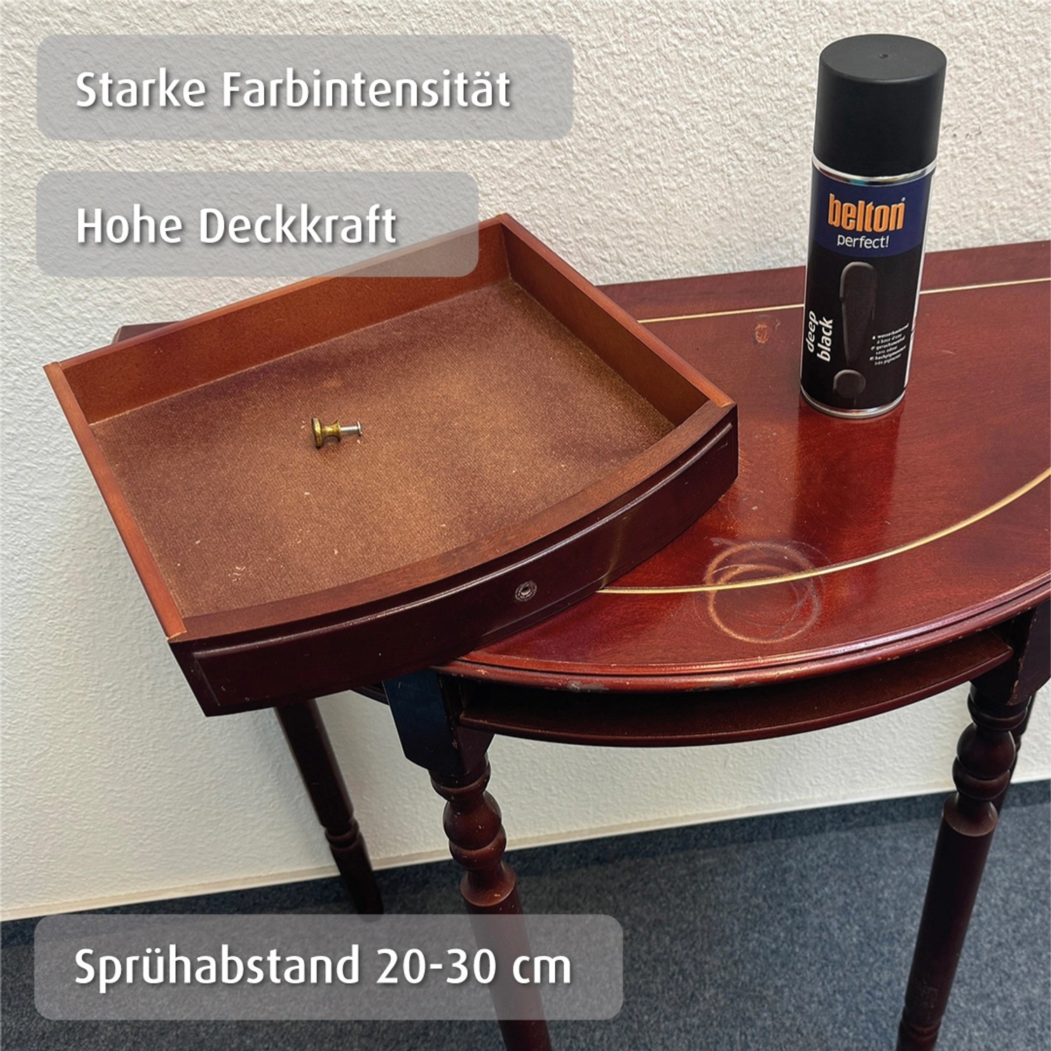 belton Buntlack Deep Black seidenmatt auf Tisch mit Schublade. Buntlack-Spray für Innen & Außen.