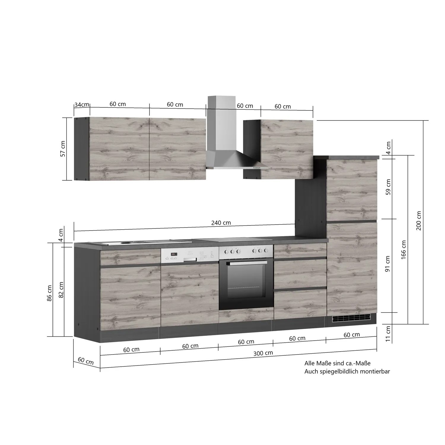 Held Möbel Küchenzeile Turin 300 cm in Graphit- und Wotaneiche-Optik mit E-Geräten.