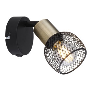 Schwarzer Globo Wandstrahler Fiastra mit Metallsieb und altmessingfarbenem Element. LED-Spot für Innenräume.