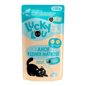Lucky Lou Katzen-Nassfutter Kitten Geflügel & Forelle, 125g Packung. Alleinfutter für junge Katzen.
