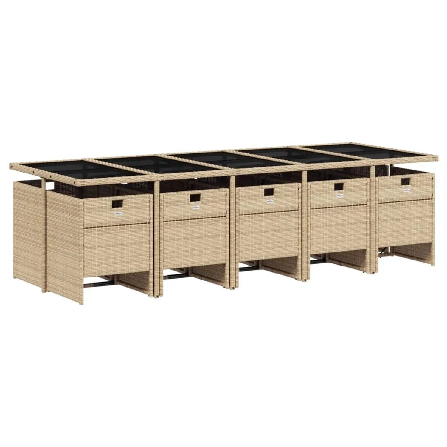 11-teilige Garten Essgruppe aus Rattan mit Glasplatte und hellgrauen Kissen.