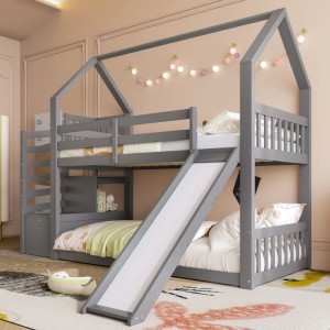 Graues okwish Kinder-Etagenbett mit Rutsche, Stauraumtreppe, ohne Matratze, im Hausbett-Design.