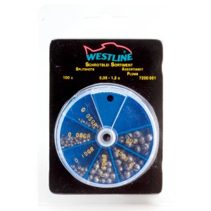 Westline Universal Bleisortiment für Angler, verschiedene Größen in blauer Sortierbox.