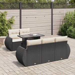 Schwarze 6-tlg. vidaXL Garten-Sofagarnitur aus Poly Rattan mit cremefarbenen Kissen.