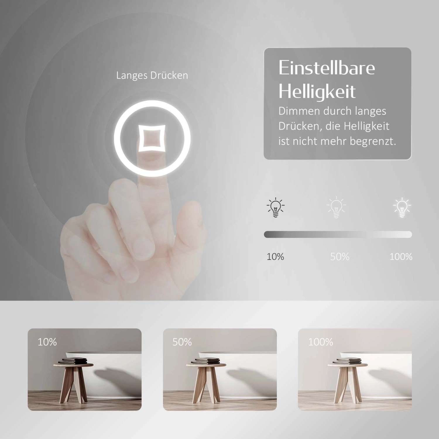 Emke Badspiegel: Dimmbare LED-Beleuchtung mit Touch-Steuerung und Helligkeitsstufen.