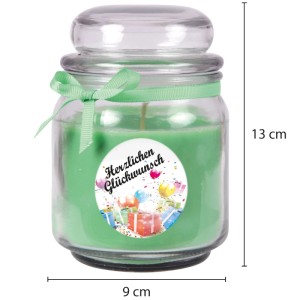 Duftkerze im Glas mit Aufschrift "Herzlichen Glückwunsch", grün, mit Schleife. Geschenkidee.