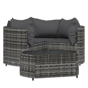 Graues 4-tlg. Garten Lounge Set aus Polyrattan mit anthrazitfarbenen Kissen und Tisch.