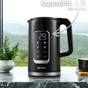 Schwarzer Ecosa Wasserkocher mit LED-Display, Temperatureinstellung und 1,7 L Kapazität.