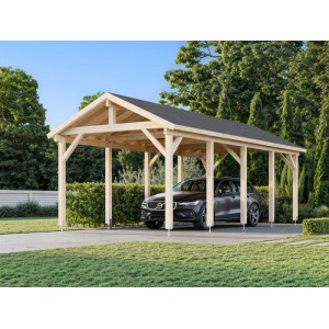 Naturbelassener Palmako Carport Robert aus Holz mit Auto. Ideal als Unterstand & Schutz vor Witterung.