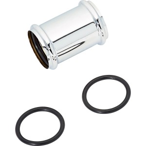 Doppelmuffe, 60 mm, verchromt, mit zwei O-Ringen zur Verbindung von Siphonrohren.