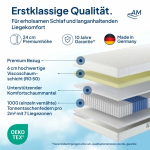 AM Qualitätsmatratzen 1000 Federn/2 m² Visco-Taschenfederkernmatratze Made in Germany 90x200cm H3