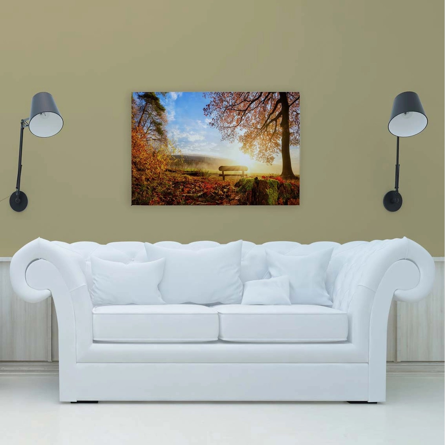 Bricoflor Wandbilder Herbst Für Wohnzimmer Und Schlafzimmer Herbstwald Leinwand Mit Bank In Sonne Deko Leinwandbild 120 
