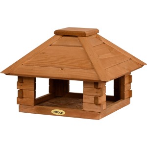 Dobar Vogelhaus Blockhaus aus braunem Kiefernholz, viereckig, mit schützendem Holzdach. 37x37x26 cm.