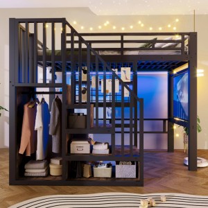Schwarzes Metall-Hochbett 90x200cm mit Stauraumtreppe, Kleiderstange und blauer LED-Beleuchtung.