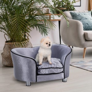 Graues PawHut Hundesofa mit Kissen und kleinem, weißen Hund.