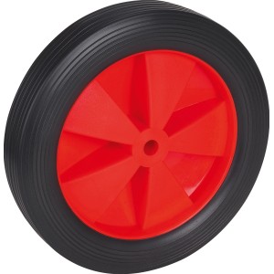 Leichtes Rad mit roter Kunststofffelge (Ø 200 mm) und schwarzer PVC-Bereifung mit Rillenprofil.
