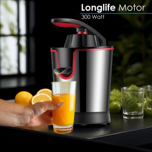 Steinborg SB-7050 Zitruspresse aus Edelstahl mit Glas Orangensaft. Haushaltsgerät für frischen Saft.
