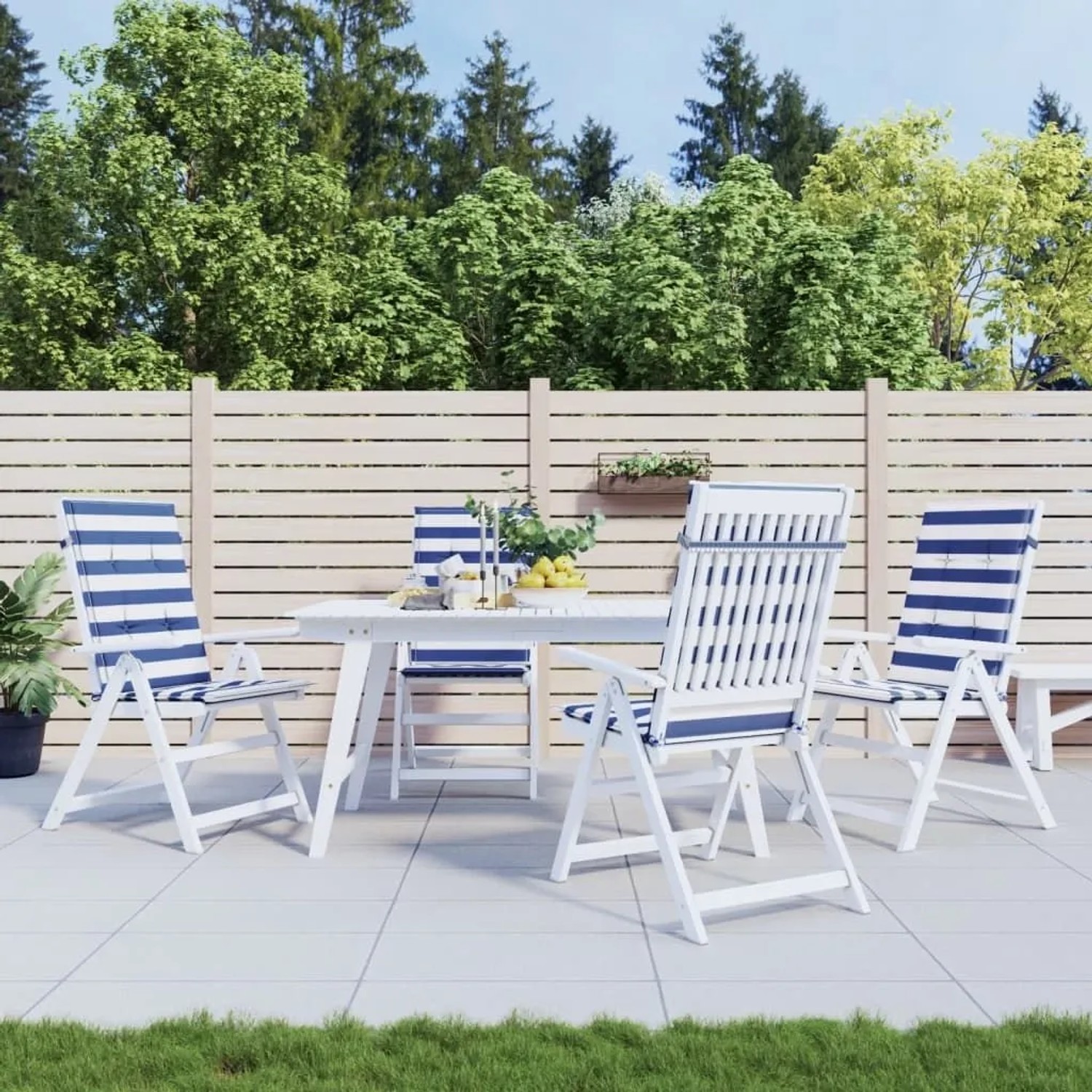 4er Set Hochlehner-Auflagen blau-weiß gestreift für Gartenstühle.