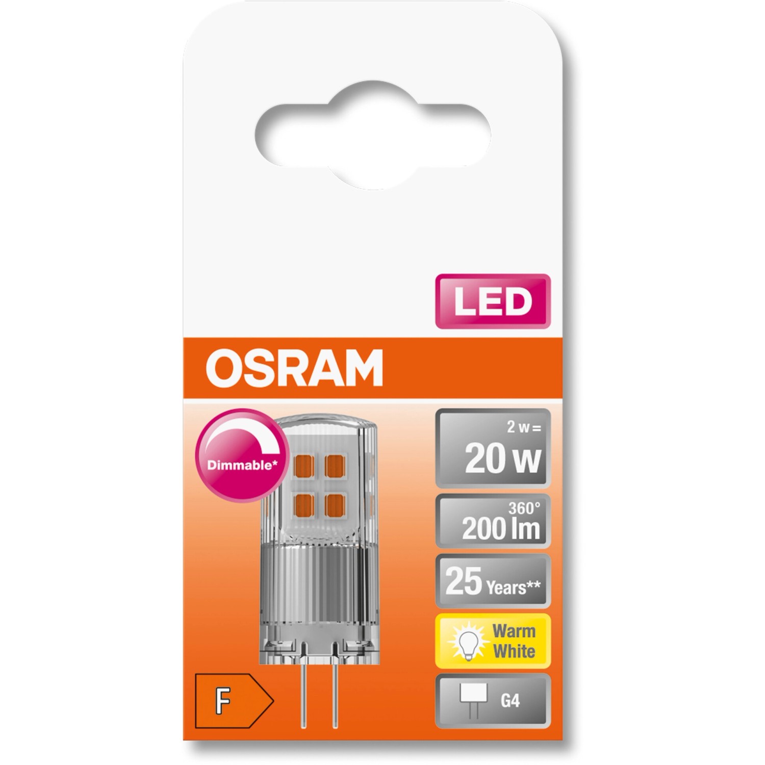 Osram G4 LED-Leuchtmittel, 2W, warmweiß, dimmbar. Kompakte LED Lampe für G4 Fassung.