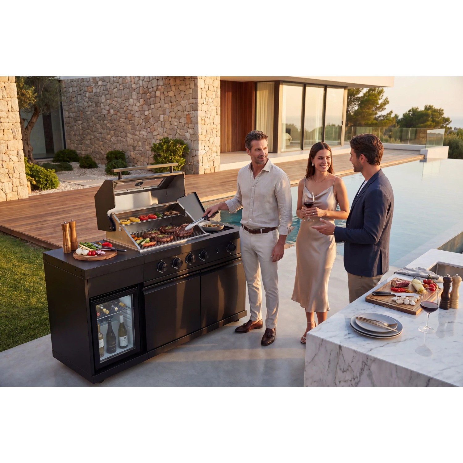 Schwarze Buschbeck Outdoorküche Dublin mit Grill, Sizzle Zone und Getränkekühlschrank.