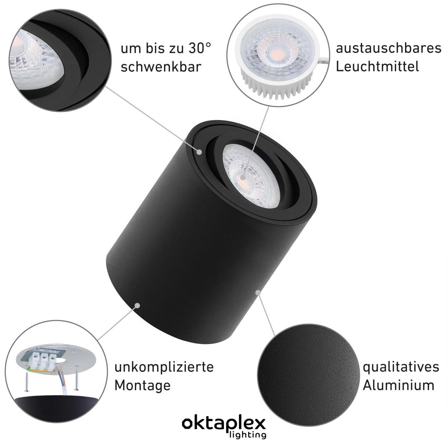 Schwarzer, schwenkbarer Oktaplex LED Aufbauspot aus Aluminium mit austauschbarem Modul für einfache Montage.