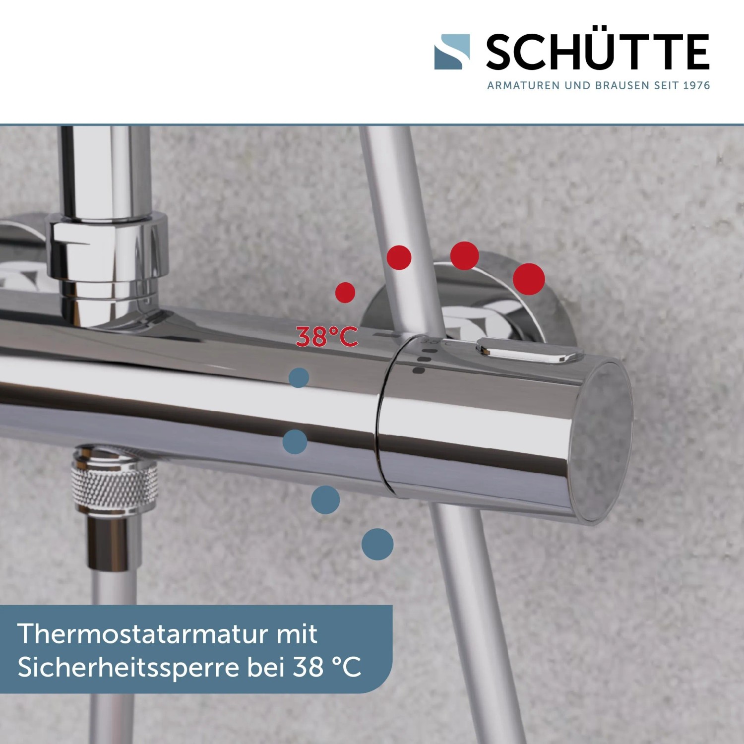 Schütte Aquaduct Brauseset mit Thermostatarmatur in Chrom, Detailaufnahme der Armatur.