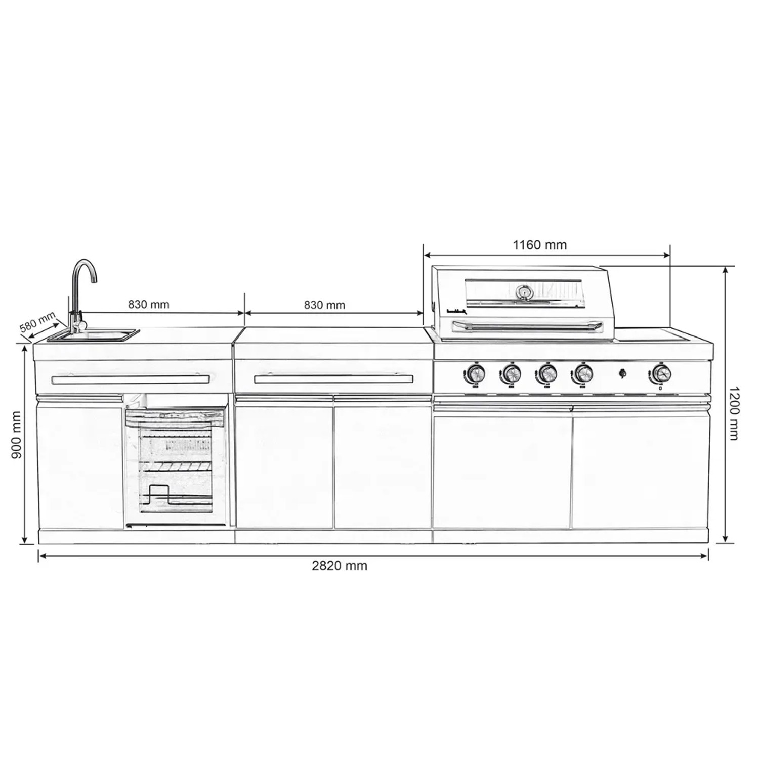 Buschbeck Outdoorküche King Range, 282 cm breit, mit Grill, Spüle und Kühlschrank.