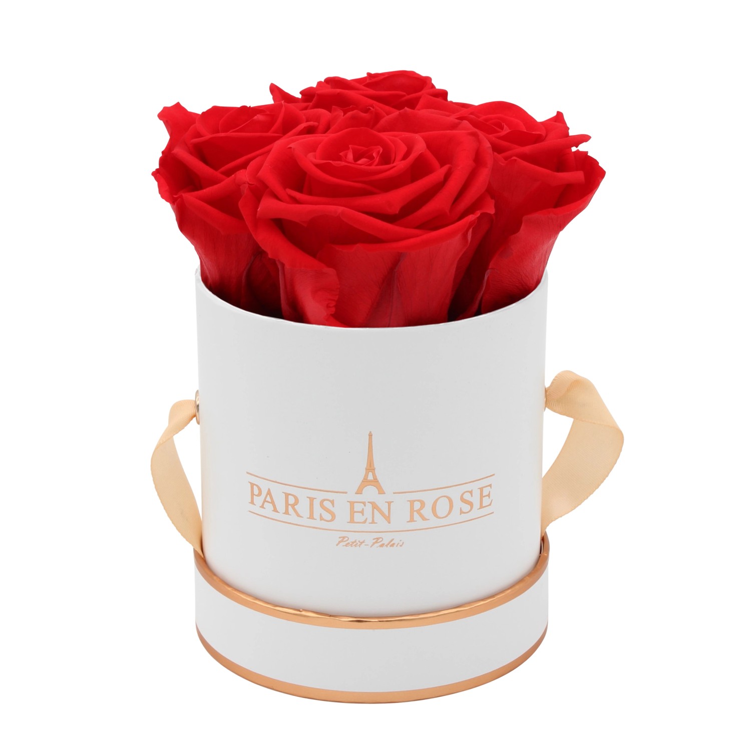 Rosenbox Ø 10 cm Weiß-Roségold mit 4 Roten Rosen