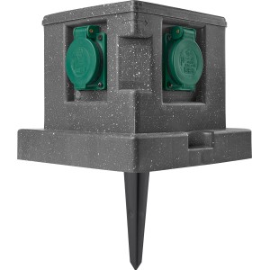 Gartensteckdose in Steinoptik mit 4 Steckdosen und Erdspieß für den Außenbereich.