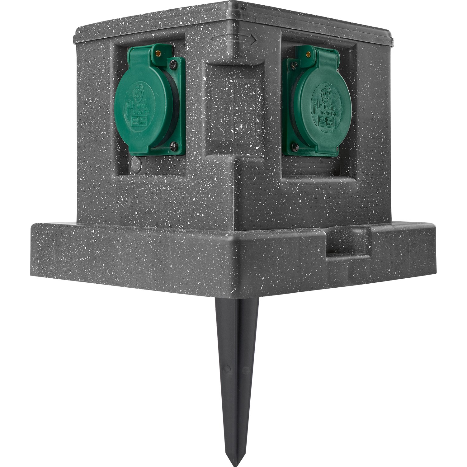 Gartensteckdose in Steinoptik mit 4 Steckdosen und Erdspieß für den Außenbereich.